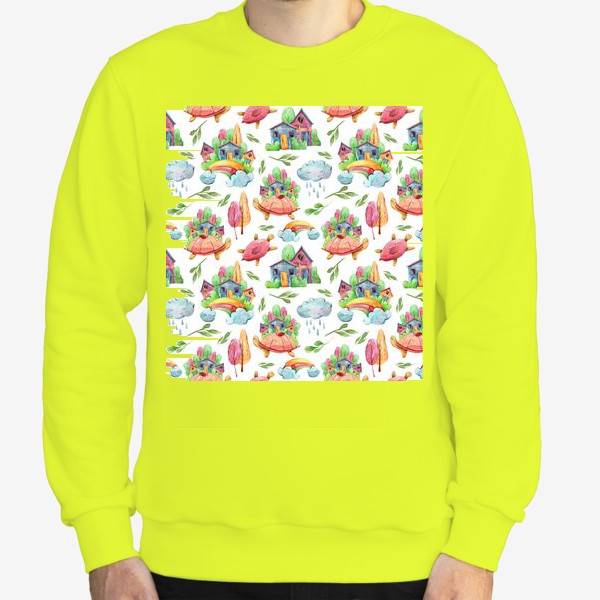 Свитшот «Паттерн с милыми домиками и черепахами. Акварельная иллюстрация для детской футболки.»
