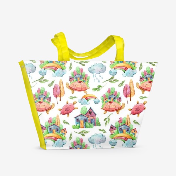Пляжная сумка «Паттерн с милыми домиками и черепахами. Акварельная иллюстрация для детской футболки.»