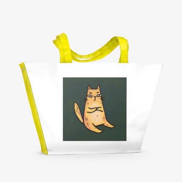 Пляжная сумка «Милый живописный котик на зеленом фоне»