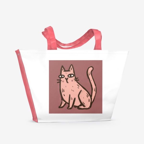 Пляжная сумка «Милый живописный котик на розовом фоне»