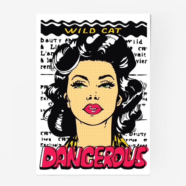 Постер «Красивая девушка с чёрными волосами в стиле поп-арт / Pop art»