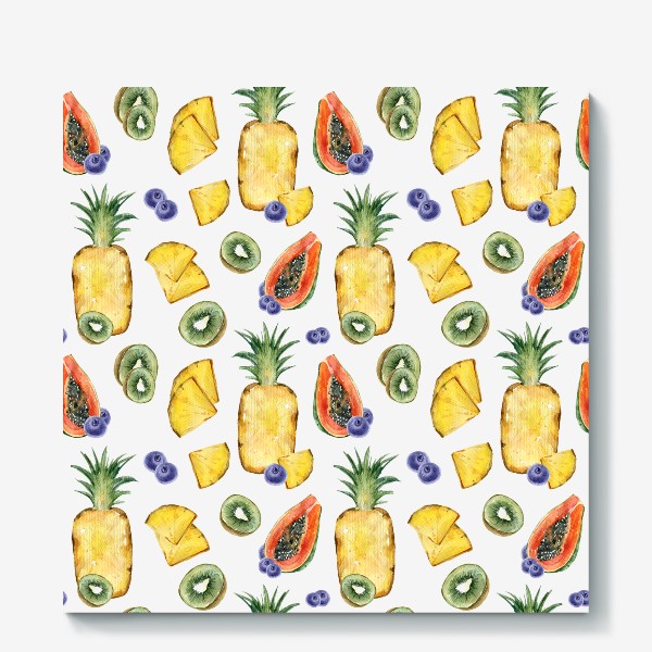 Холст «Сочный яркий летний принт. Акварельная иллюстрация ананаса, киви, папайи, черники»