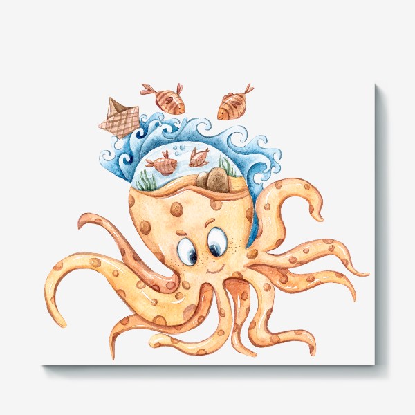Холст &laquo;Акварельная иллюстрация осьминога. Принт для детской футболки.&raquo;
