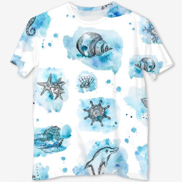 Футболка с полной запечаткой &laquo;Акварельные морские животные. Милая детская иллюстрация. Принт для детской одежды. Кит&raquo;