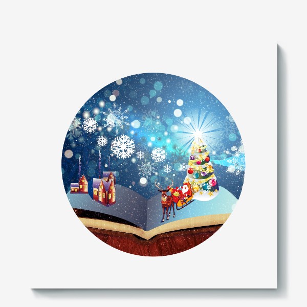 Холст «Новогодняя елка и дед мороз в книге»