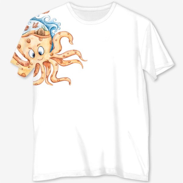 Футболка с полной запечаткой «Акварельная иллюстрация осьминога. Принт для детской футболки.»