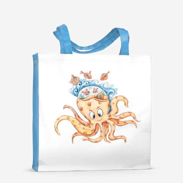 Сумка-шоппер «Акварельная иллюстрация осьминога. Принт для детской футболки.»
