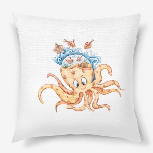 Подушка &laquo;Акварельная иллюстрация осьминога. Принт для детской футболки.&raquo;