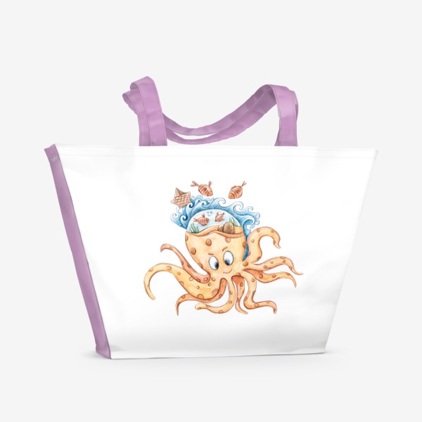 Пляжная сумка «Акварельная иллюстрация осьминога. Принт для детской футболки.»
