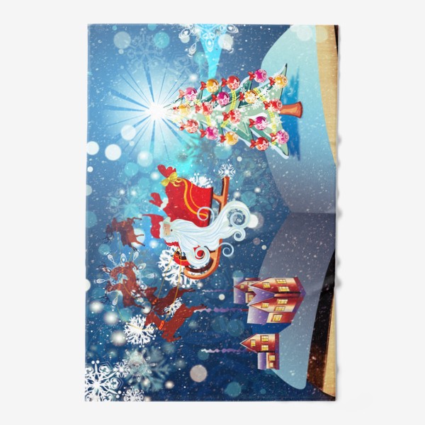 Полотенце «Новогодняя елка и дед мороз на санях летает над раскрытой книгой»