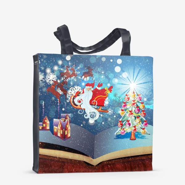Сумка-шоппер «Новогодняя елка и дед мороз на санях летает над раскрытой книгой»