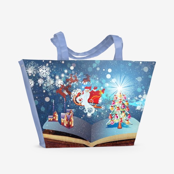 Пляжная сумка «Новогодняя елка и дед мороз на санях летает над раскрытой книгой»