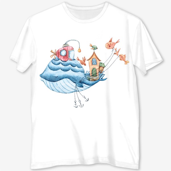 Футболка с полной запечаткой «Акварельная иллюстрация кита. Принт для детской футболки.»