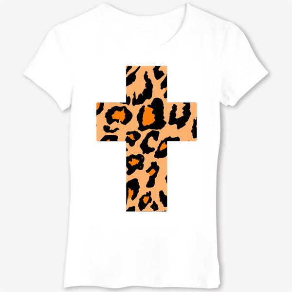 Футболка «крест с текстурой леопардовых пятен, черные неровные пятна с оранжевым внутри на песочном фоне, шкура леопарда »