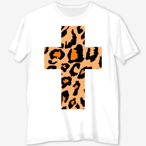 Футболка с полной запечаткой «крест с текстурой леопардовых пятен, черные неровные пятна с оранжевым внутри на песочном фоне, шкура леопарда »