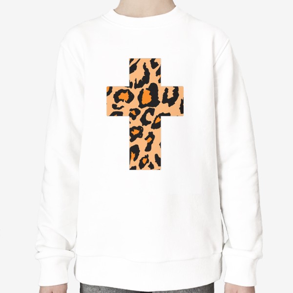 Свитшот «крест с текстурой леопардовых пятен, черные неровные пятна с оранжевым внутри на песочном фоне, шкура леопарда »