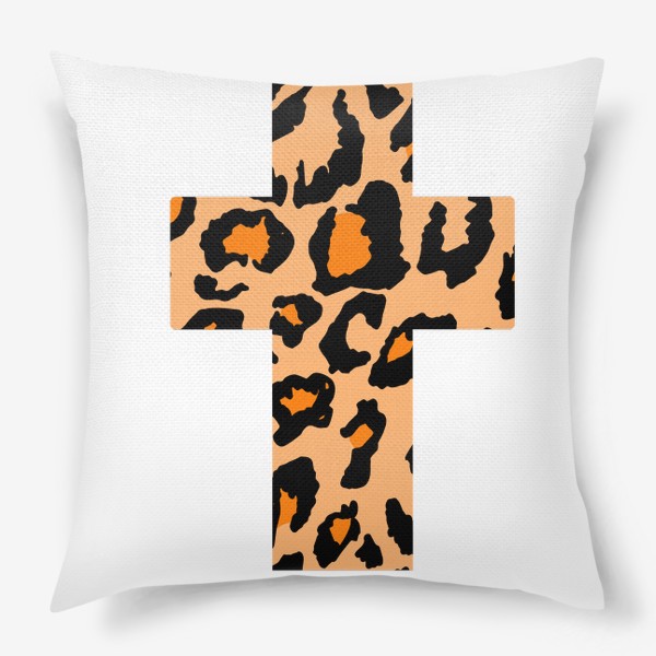 Подушка «крест с текстурой леопардовых пятен, черные неровные пятна с оранжевым внутри на песочном фоне, шкура леопарда »
