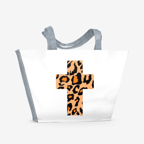 Пляжная сумка «крест с текстурой леопардовых пятен, черные неровные пятна с оранжевым внутри на песочном фоне, шкура леопарда »