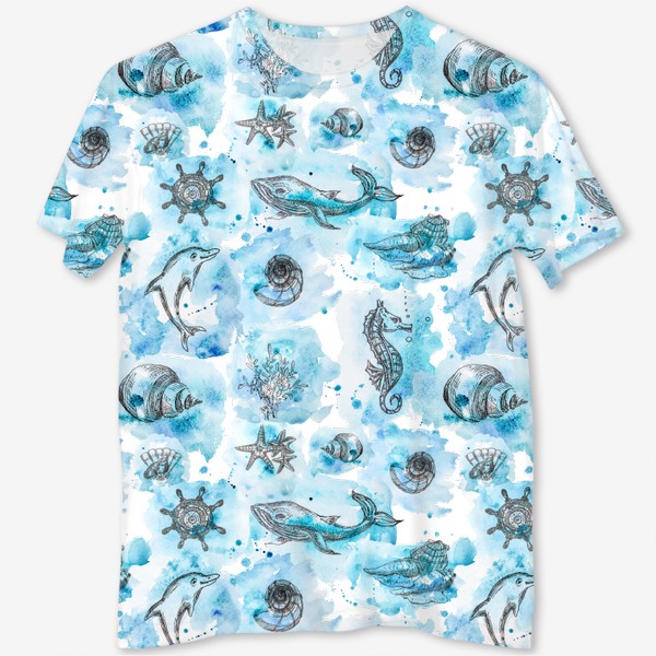 Футболка с полной запечаткой «Акварельная иллюстрация морских животных. Принт для детской футболки.»