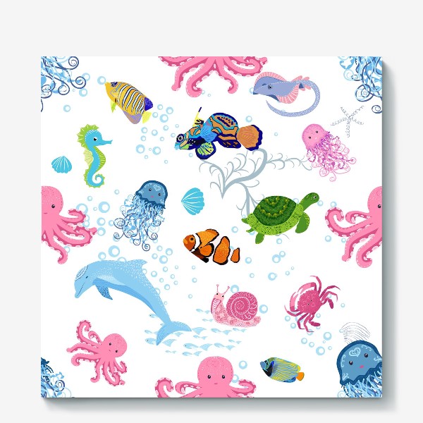 Холст «Морские обитатели паттерн. Дельфин, осьминог, медузы, краб, рыба-клоун, черепаха, морской конек и император, скат и др.»