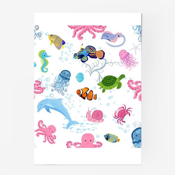 Постер «Морские обитатели паттерн. Дельфин, осьминог, медузы, краб, рыба-клоун, черепаха, морской конек и император, скат и др.»