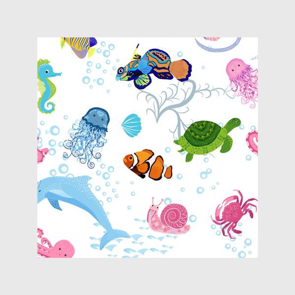 Шторы «Морские обитатели паттерн. Дельфин, осьминог, медузы, краб, рыба-клоун, черепаха, морской конек и император, скат и др.»