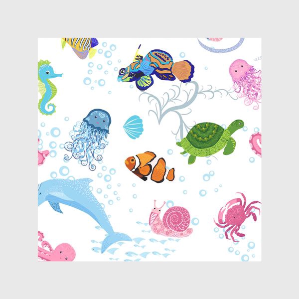 Скатерть &laquo;Морские обитатели паттерн. Дельфин, осьминог, медузы, краб, рыба-клоун, черепаха, морской конек и император, скат и др.&raquo;