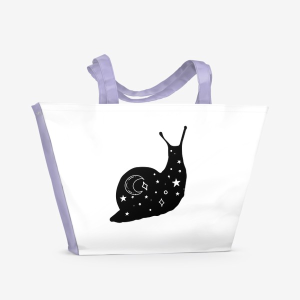 Пляжная сумка «улитка с серпом луны  и звездами, черный силуэт животного улитки с ночным небом»