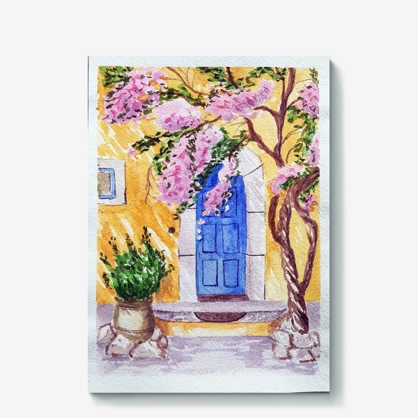 Холст «Синяя дверь, желтый дом, цветущее дерево.»