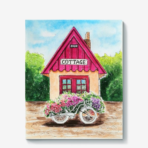 Холст «Коттедж и велосипед в цветах.»