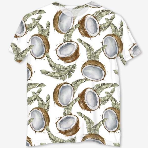Футболка с полной запечаткой «Тропический принт для футболки. Акварельный кокос. Ручная иллюстрация»
