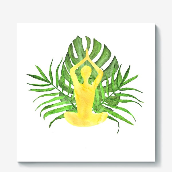 Холст «человек медитирует в позе лотоса на фоне тропических листьев. йога, спокойствие»