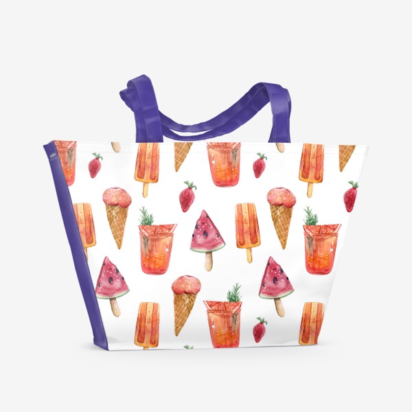 Пляжная сумка «Летний сочный акварельный принт. Мороженое, коктейль, арбуз. Паттерн для пляжной сумки, скатерти»