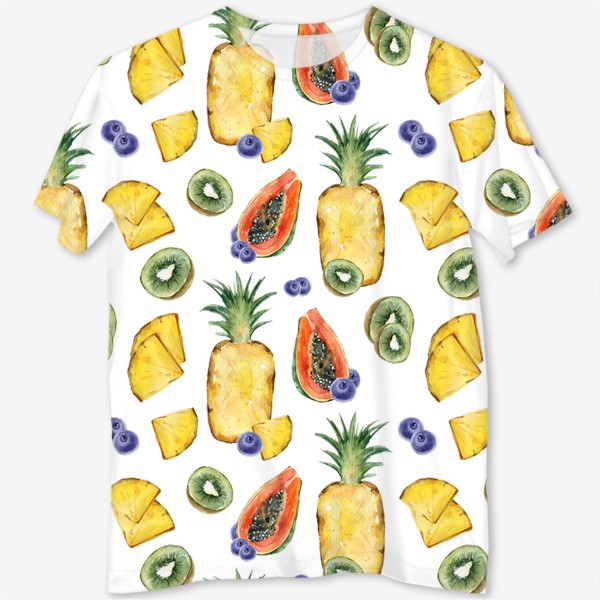 Футболка с полной запечаткой «Сочный яркий летний принт. Акварельная иллюстрация ананаса, киви, папайи, черники»