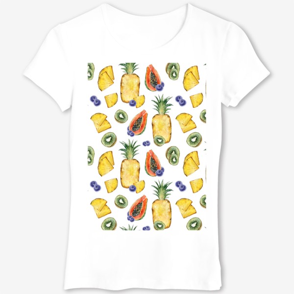 Футболка &laquo;Сочный яркий летний принт. Акварельная иллюстрация ананаса, киви, папайи, черники&raquo;