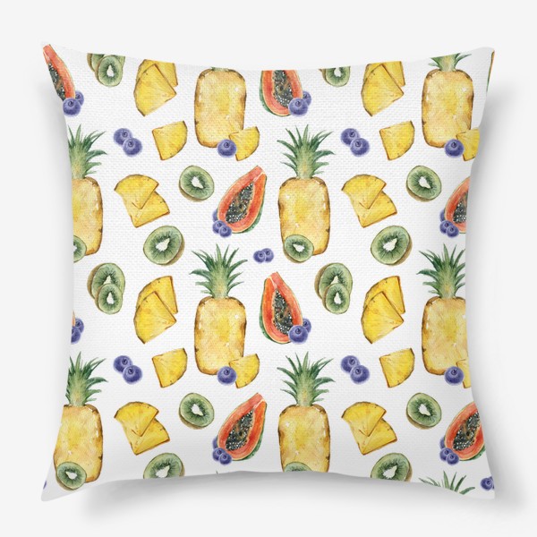 Подушка &laquo;Сочный яркий летний принт. Акварельная иллюстрация ананаса, киви, папайи, черники&raquo;