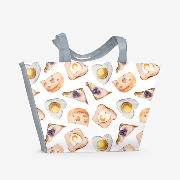 Пляжная сумка «Бутерброд и яичница. Акварельный принт для кухни. Паттерн для футболки»