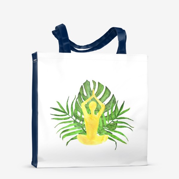Сумка-шоппер «человек медитирует в позе лотоса на фоне тропических листьев. йога, спокойствие»