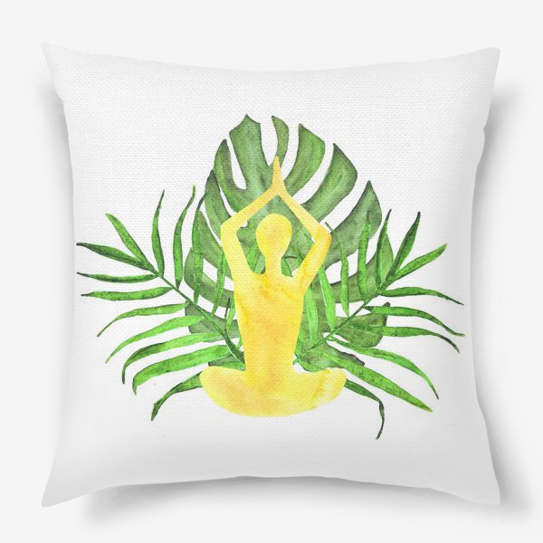 Подушка «человек медитирует в позе лотоса на фоне тропических листьев. йога, спокойствие»