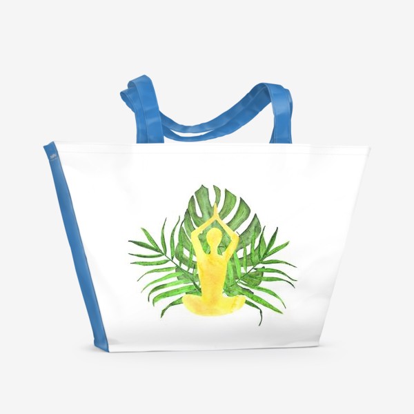 Пляжная сумка «человек медитирует в позе лотоса на фоне тропических листьев. йога, спокойствие»