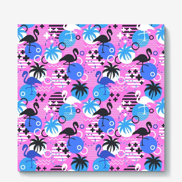 Холст &laquo;Узор Майами - фламинго и пальмы. Летний узор на розовом фоне&raquo;