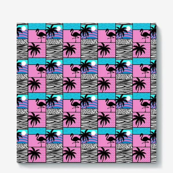Холст «Узор Майами - фламинго и пальмы. Летний лоскутный узор »