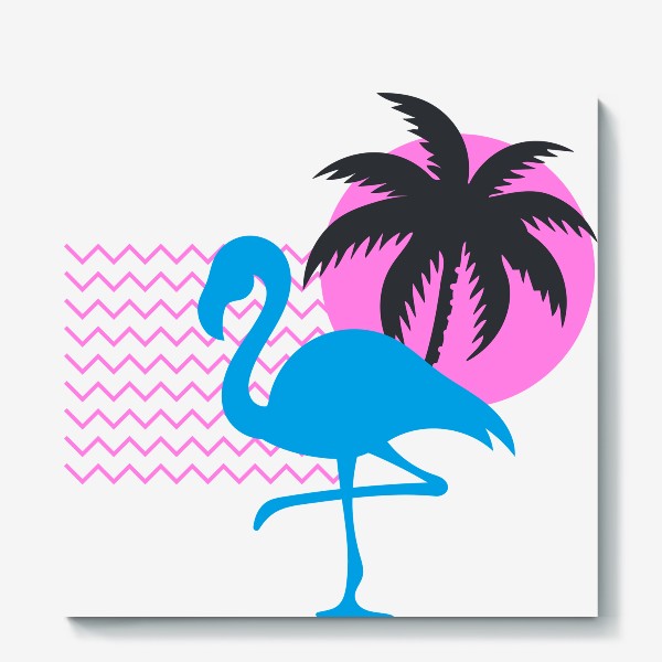 Холст «Фламинго на фоне розового солнца и пальмы»