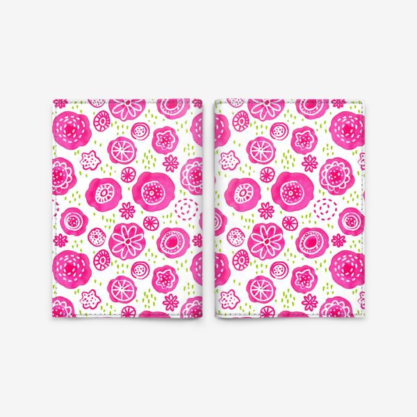 Обложка для паспорта «Розовые акварельные цветы в дудл стиле, паттерн»