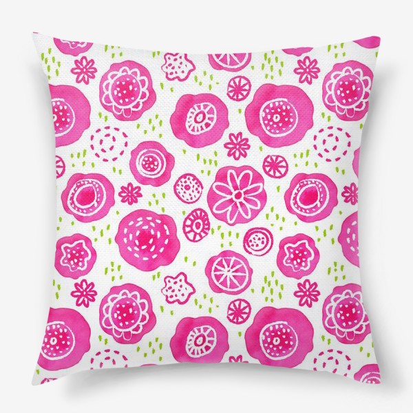 Подушка «Розовые акварельные цветы в дудл стиле, паттерн»