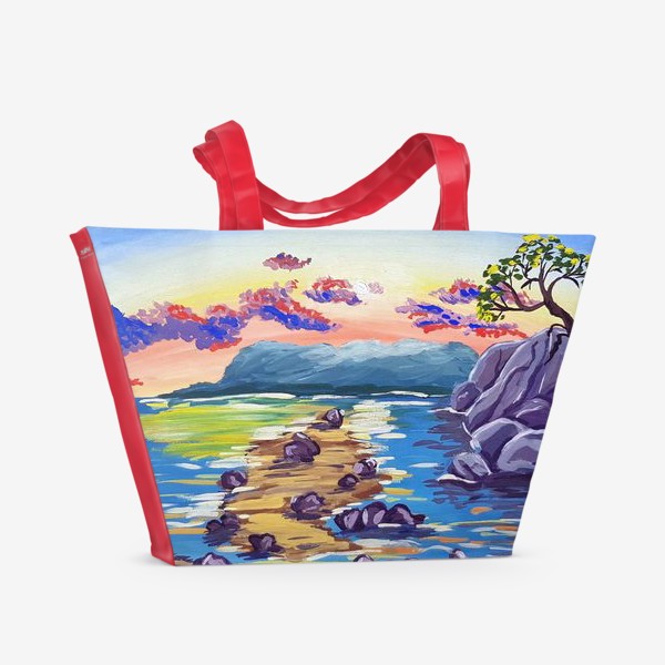 Пляжная сумка «Берег, камни, закат, скала.»