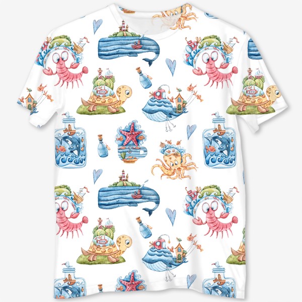 Футболка с полной запечаткой «Морские животные. Принт для детской футболки. Акварельная милая иллюстрация»