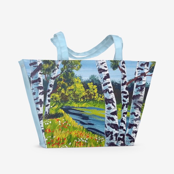 Пляжная сумка «Березы, озеро, поляна с цветами»