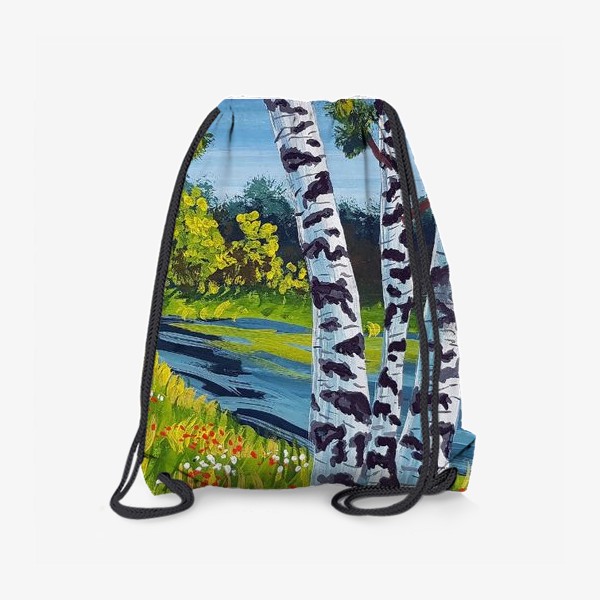 Рюкзак «Березы, озеро, поляна с цветами»