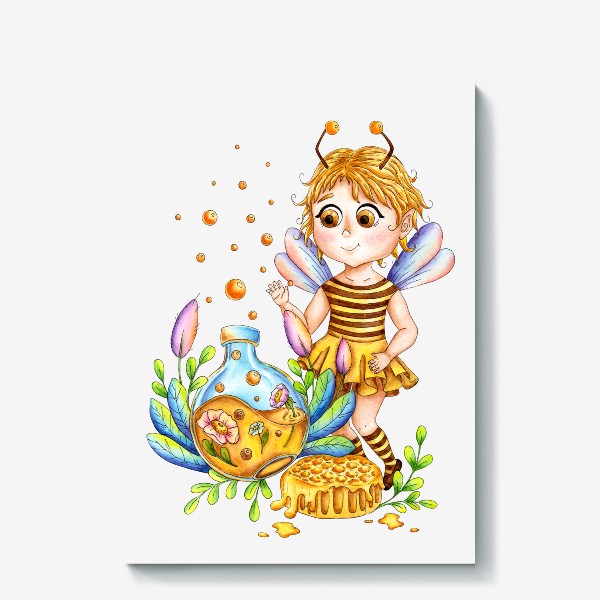Холст «Девочка пчелка акварель / Мультяшная пчела»